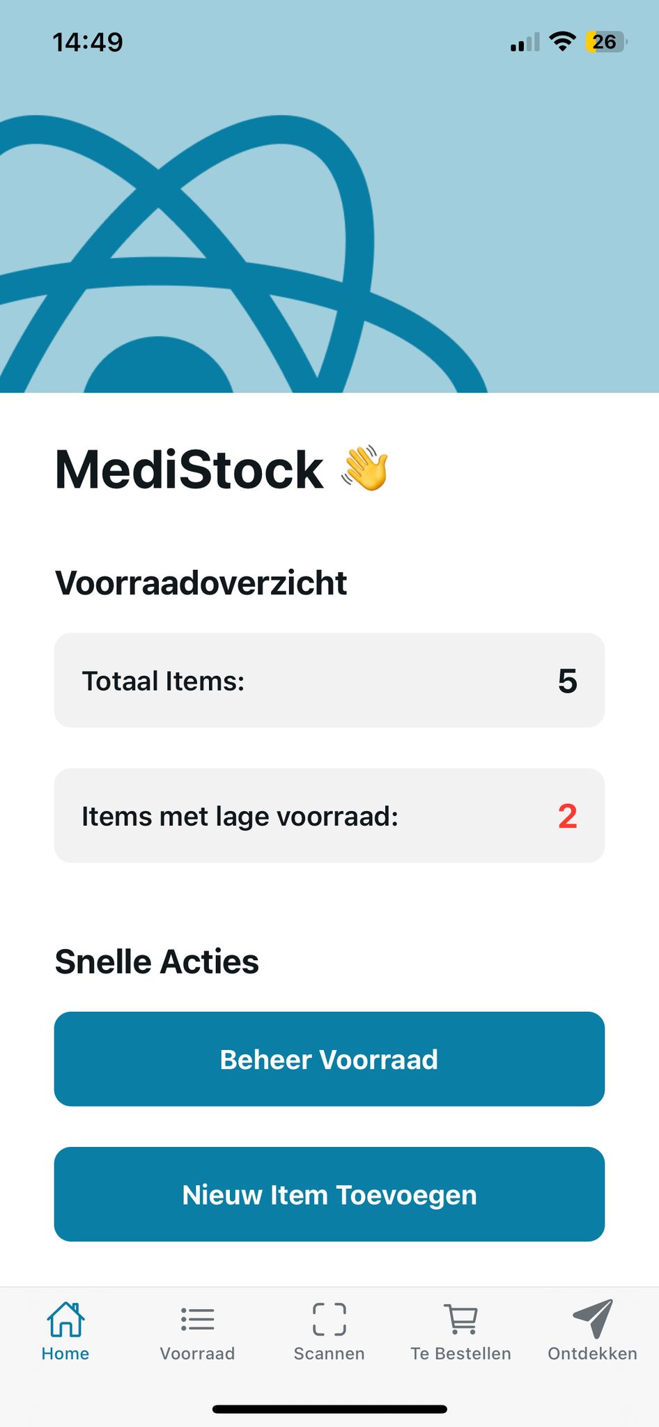 Home-pagina MediStock app
