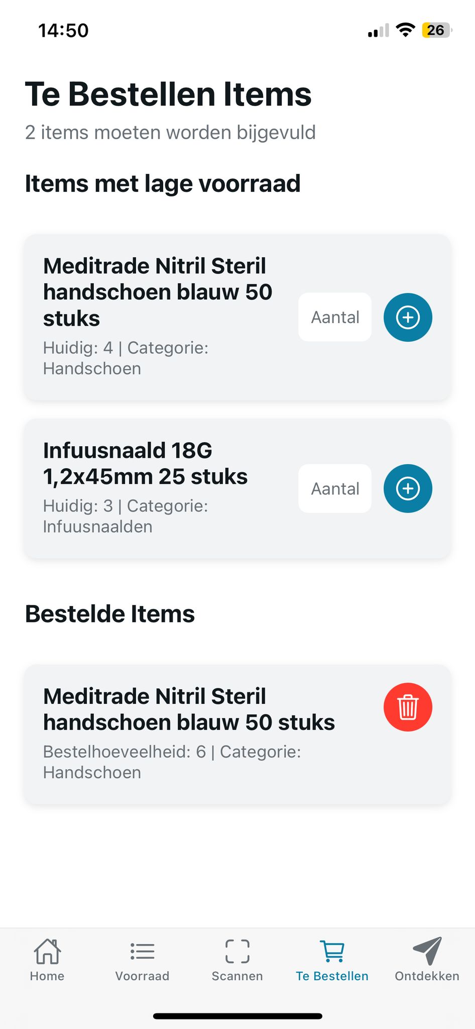 Te bestellen-pagina MediStock app